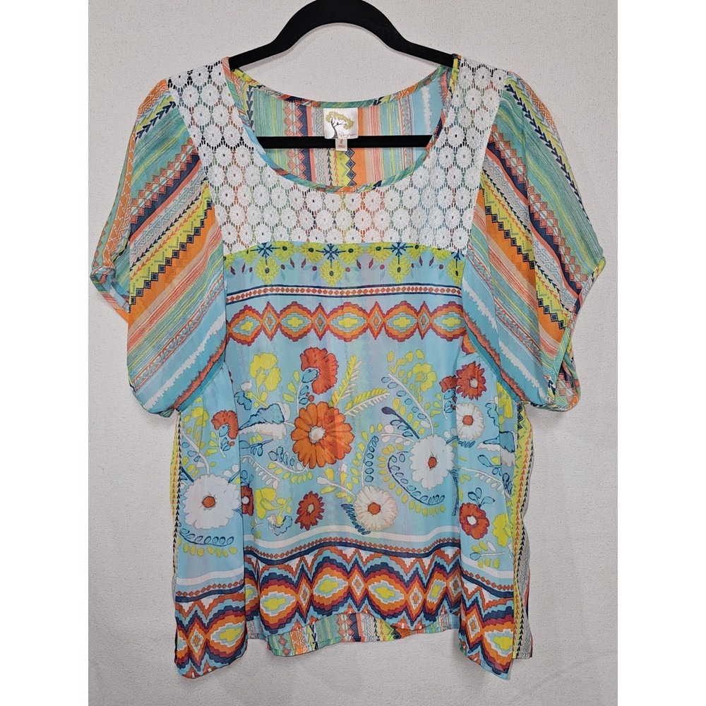 Figs & Flowers Top Womens Size Large Multicolor Floral Lace Sheer Blouse Boho